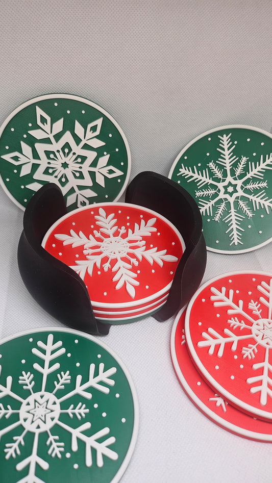 Kerst Coaster Set (8-delig) met Houder – Sneeuwvlok Editie