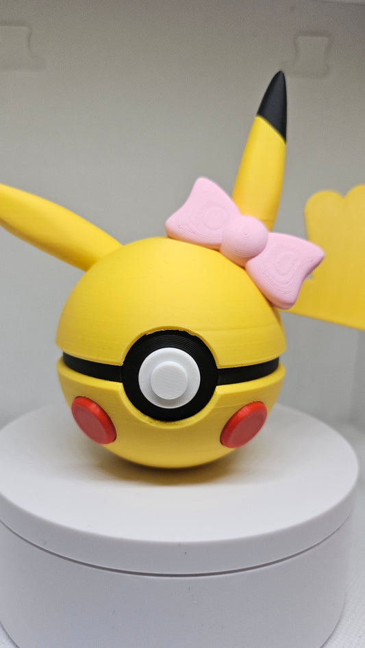 #0025 Pikachu Girl Ball (met Strik) – 3D Printed Pokéball (7 cm)